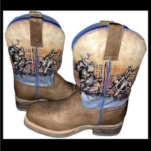 Boys Roper Western Boots Brown Leather w/ Rodeo Scene Shaft Square Toe Size 9